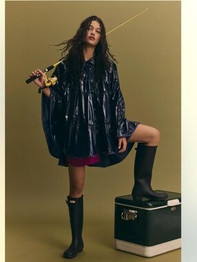 Free People Shiny Navy Packable Rain Poncho